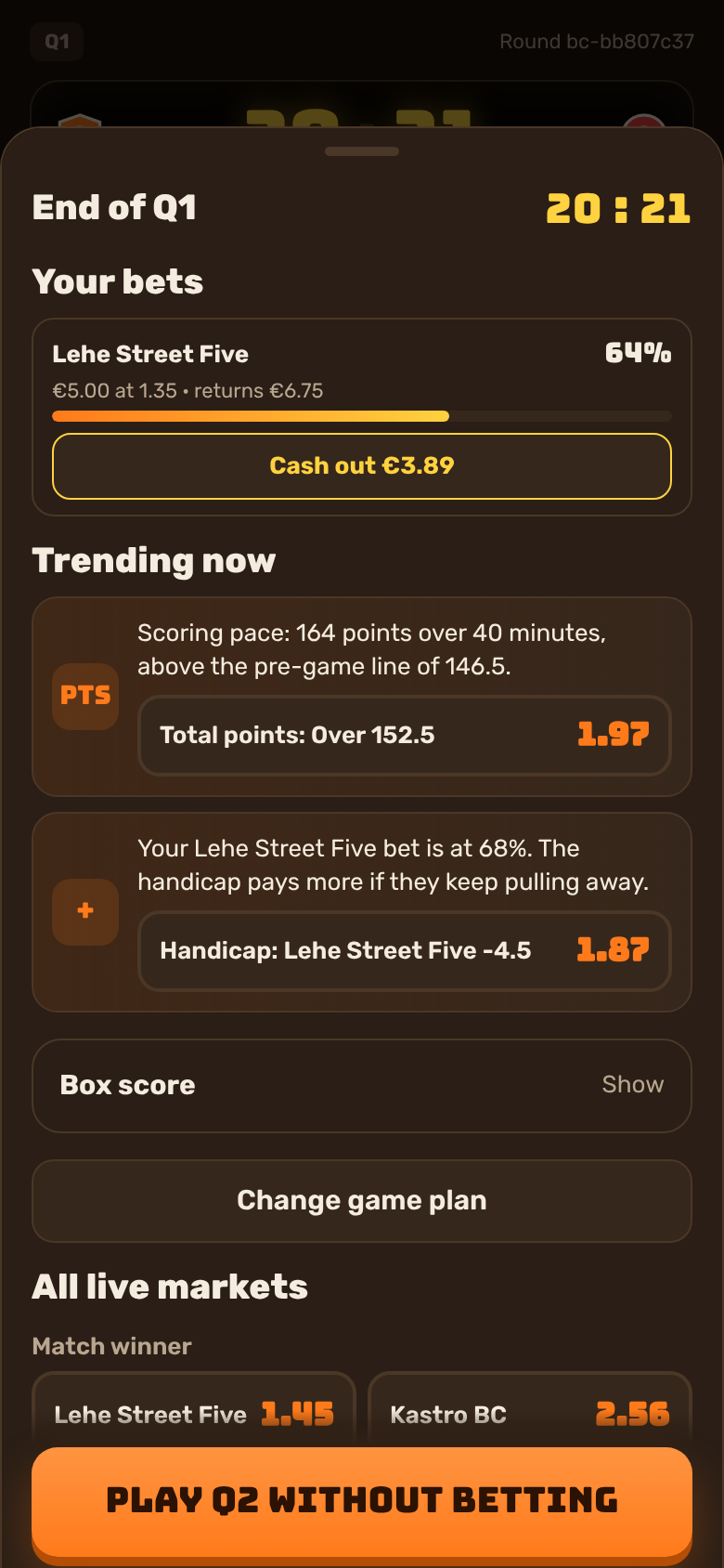 Quarter break sheet: your bets, cash out offer, trending insights and live markets at fresh odds