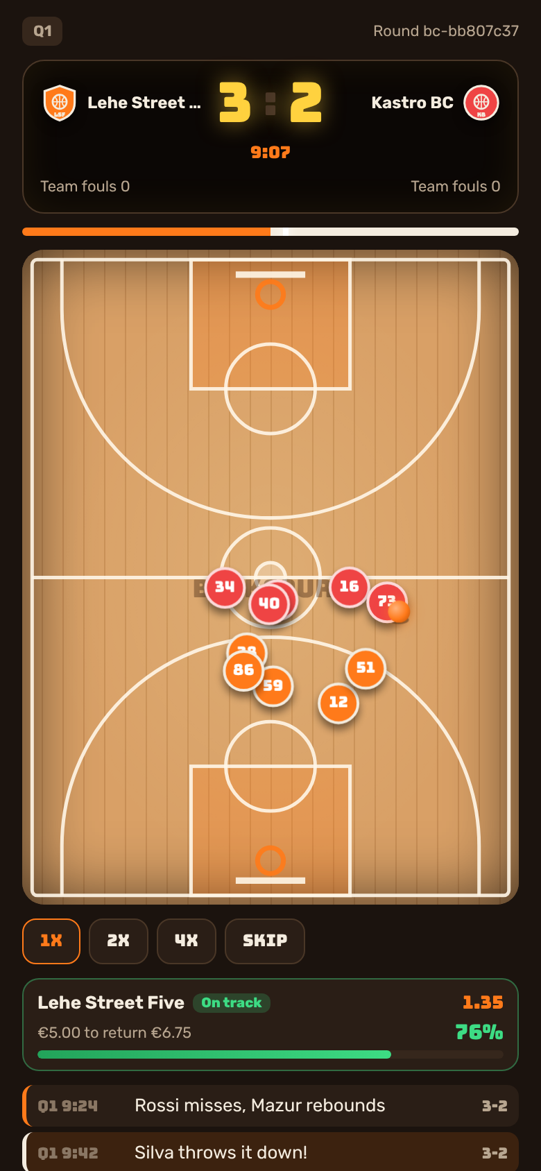 Live match: top-down maple court, LED scoreboard 3 to 2, bet tracker showing an active bet on track