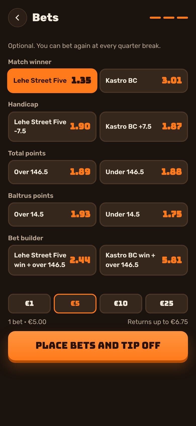 Bets screen with match winner, handicap, total points, player points and bet builder markets, stake selector and Place bets and tip off button