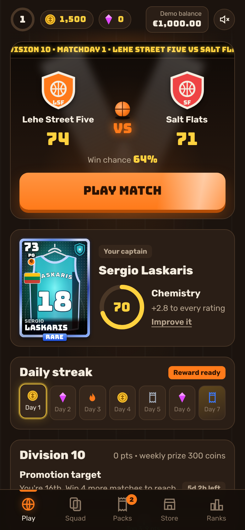 Play home: next match against Salt Flats, ratings 74 vs 71, 64% win chance, Play match button, daily streak